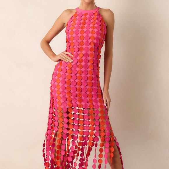 Red Dress Dream Avenue Hot Pink Fringe Halter Top Midi Dress Size LL / Hot Pink - Picture 3 of 3